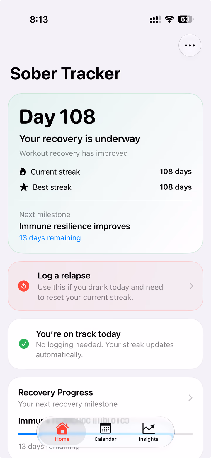 Sober Tracker home screen showing sober streak and recovery progress