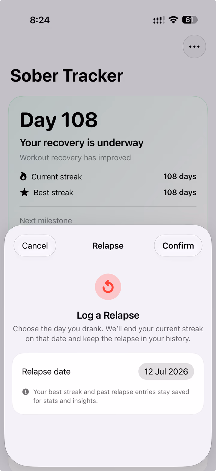 Logging a relapse in Sober Tracker while keeping recovery history