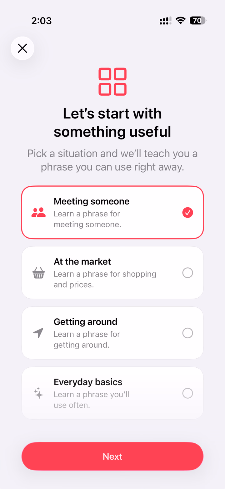 Speak Nagamese onboarding screen for choosing a practical situation
