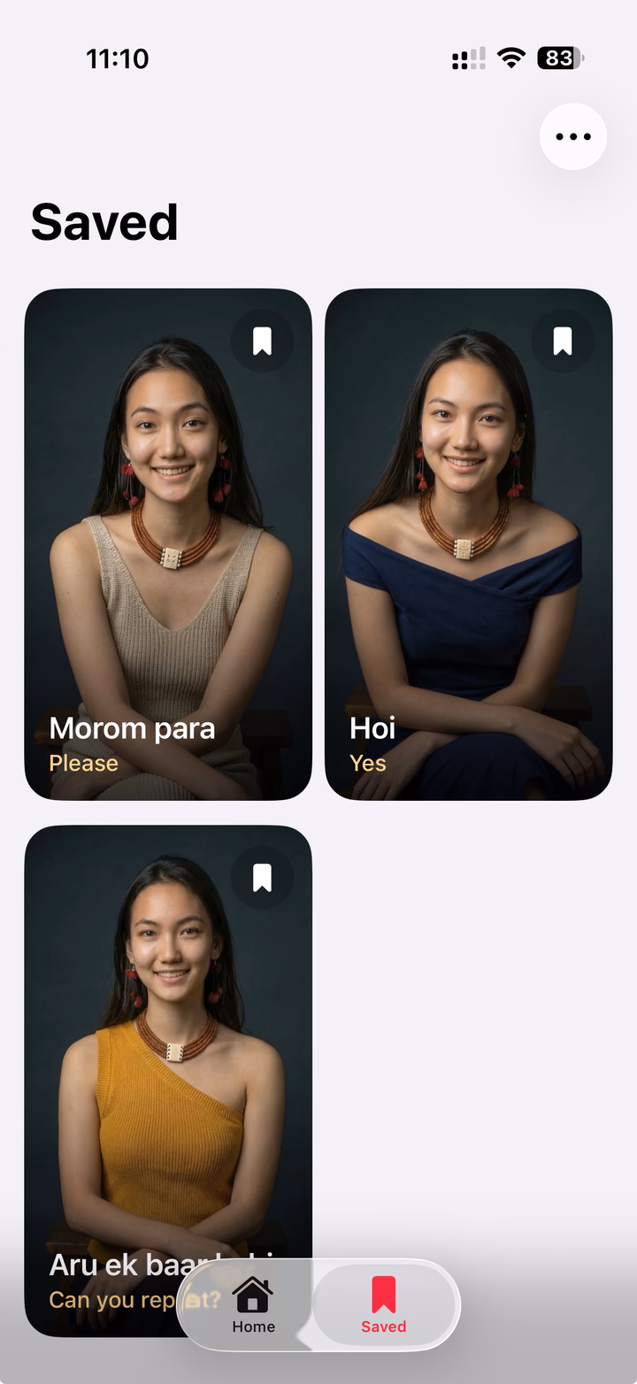 Speak Nagamese Saved screen with bookmarked phrase videos