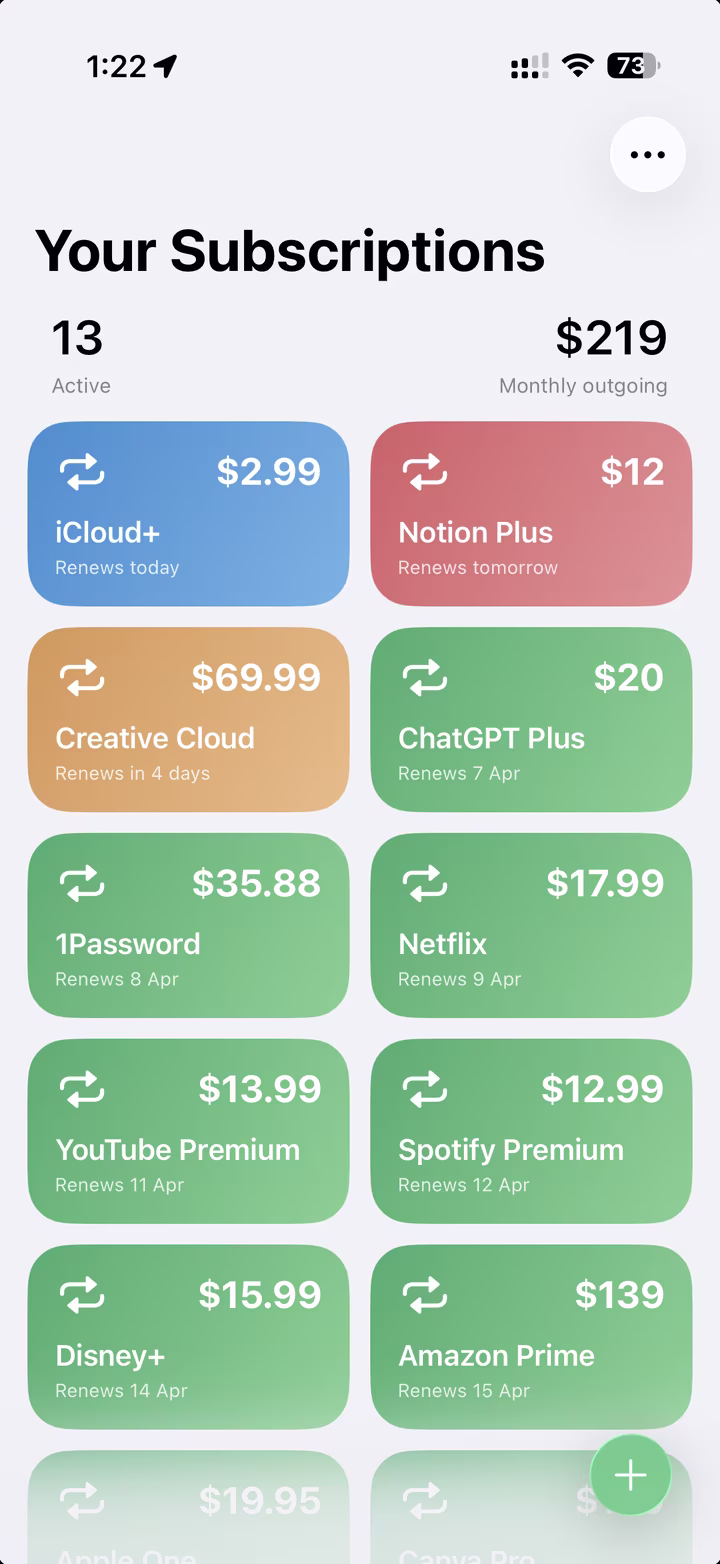 Subscription Tracker home screen with active subscriptions and monthly outgoing