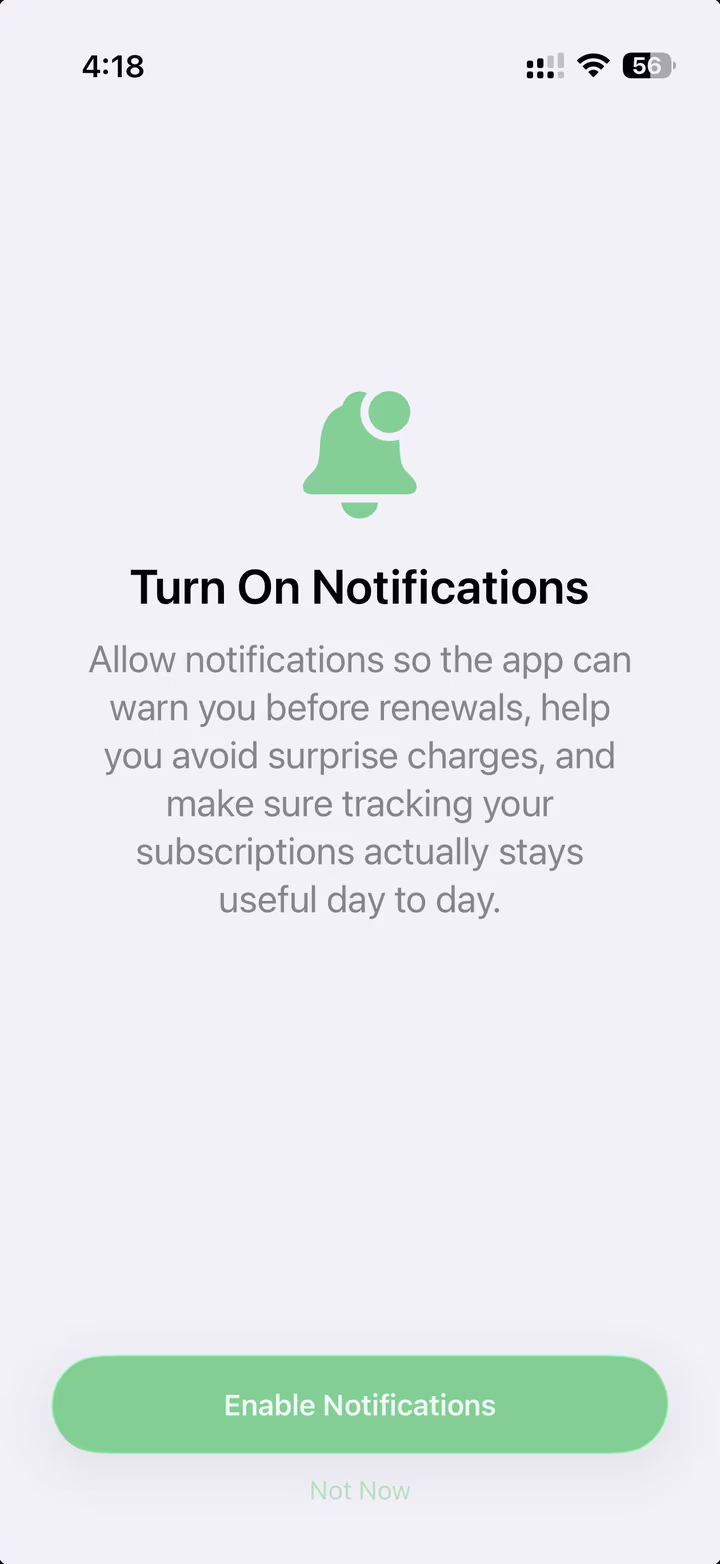 Subscription Tracker notification reminder screen