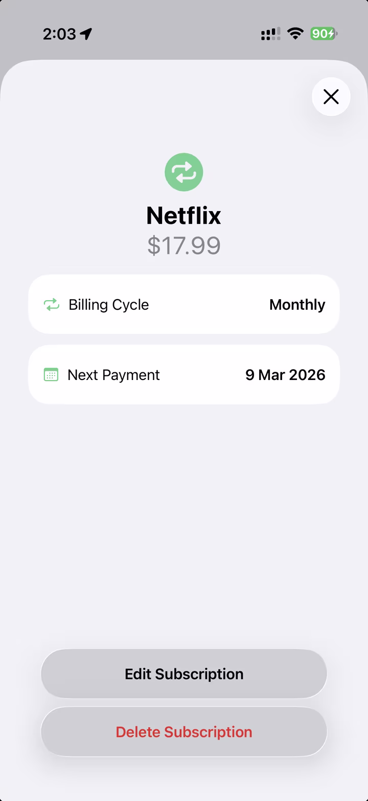 Subscription Tracker subscription detail screen