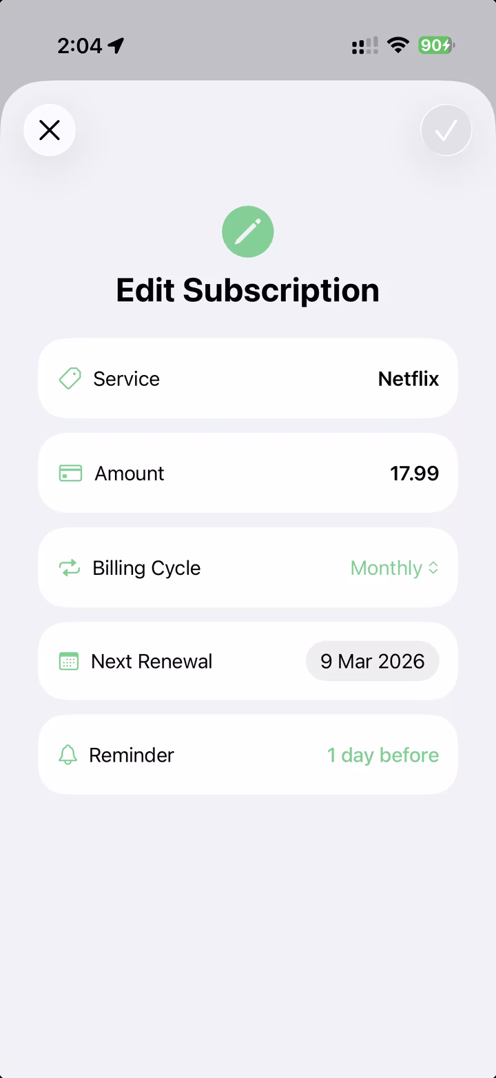 Subscription Tracker edit subscription screen