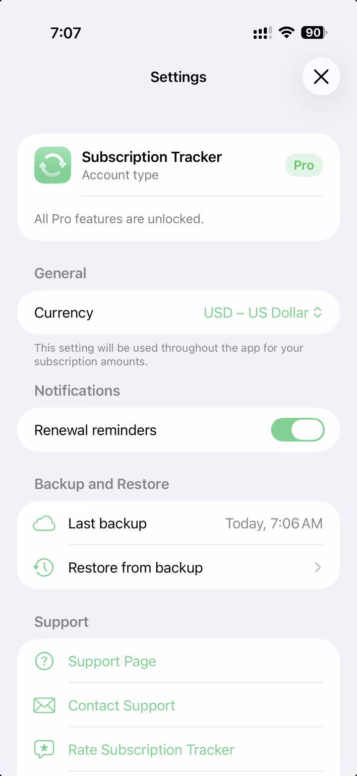 Subscription Tracker settings screen with backup and restore options