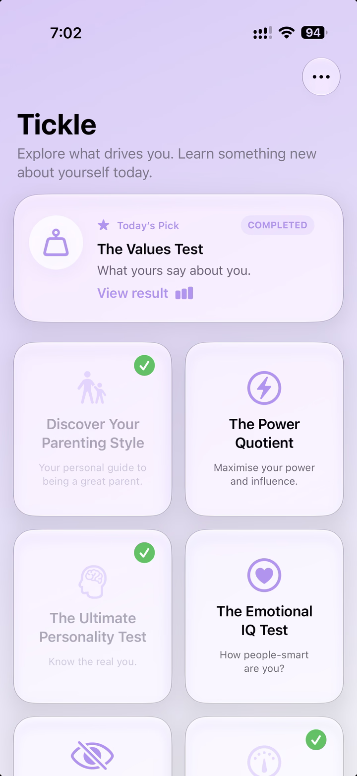 Tickle home screen with personality and self-discovery tests