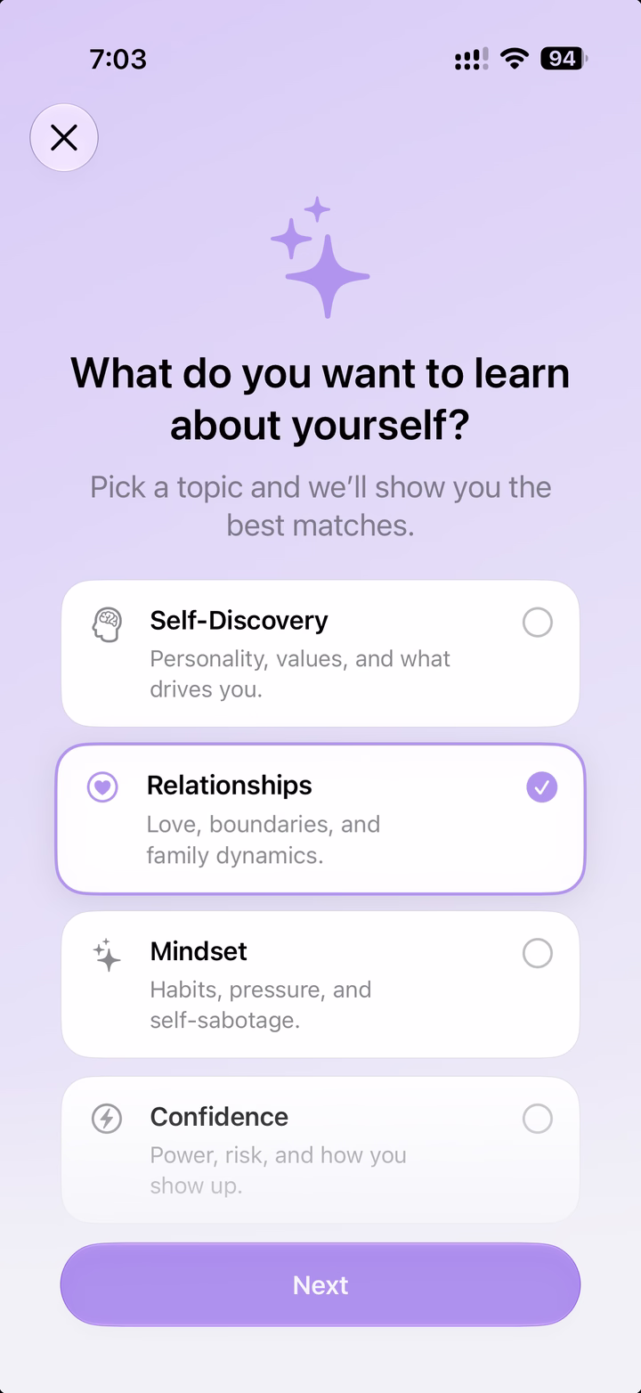 Choosing a self-discovery topic in Tickle