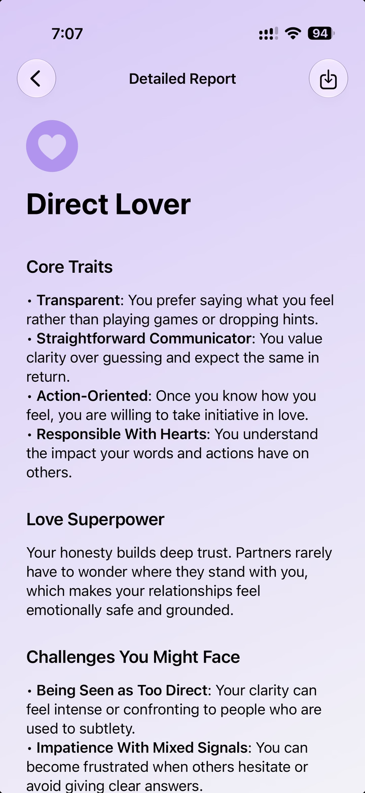 Detailed personality report in Tickle